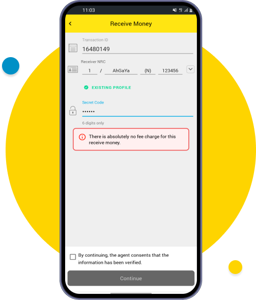 Enter transaction ID,  POI, secret code and tap continue


