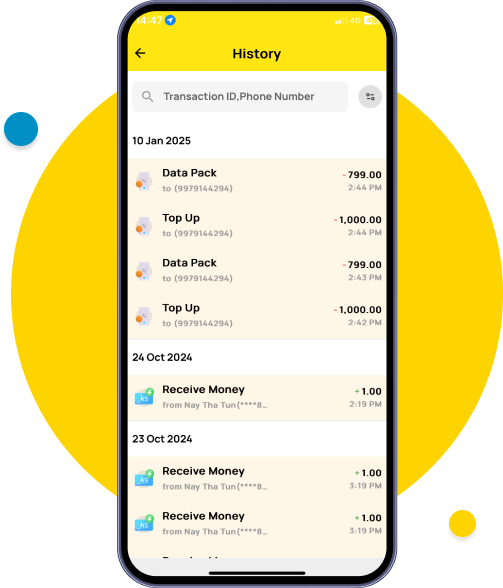 See all transactions by dates or tap on filter to view by type, date or amount

