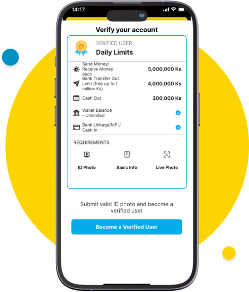 In the WavePay App, you can review information about Wallet Capacity and Limits, then click “Become a Verified User” to provide the necessary information for registration.​