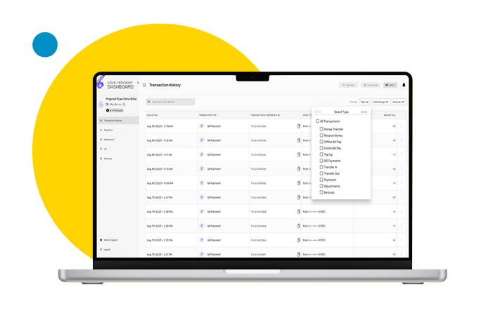 Filter transactions by type, such as payments, refunds, or transfers.
